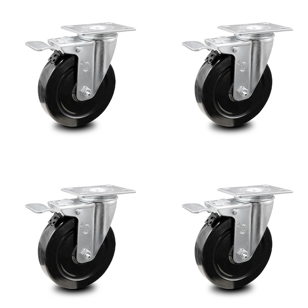 5 Inch Hard Rubber Wheel Swivel Top Plate Caster Set with Total Lock Brake SCC
